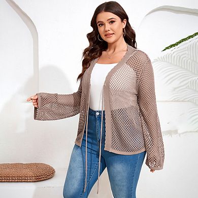 Women's Plus Size Tie Front Crochet Cardigan Hollow Out V Neck Sweater Shrugs Knit Crop Tops
