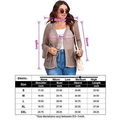 Women's Plus Size Tie Front Crochet Cardigan Hollow Out V Neck Sweater Shrugs Knit Crop Tops