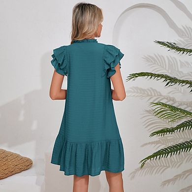 Women's Babydoll Mini Summer V Neck Flutter Sleeve Boho Flowy Shift Short Dress Casual Beach