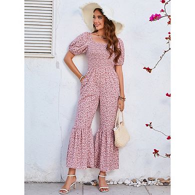 Women's Summer Smocked Jumpsuits Casual Square Neck High Waist Wide Leg Rompers with Pockets
