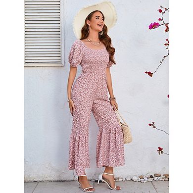 Women's Summer Smocked Jumpsuits Casual Square Neck High Waist Wide Leg Rompers with Pockets