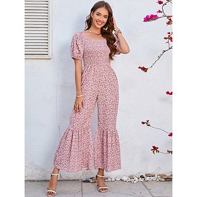 Women's Summer Smocked Jumpsuits Casual Square Neck High Waist Wide Leg Rompers with Pockets
