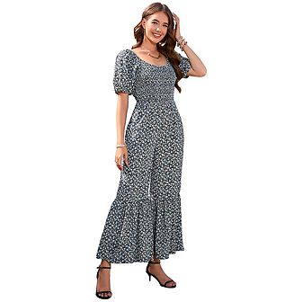 Women's Summer Smocked Jumpsuits Casual Square Neck High Waist Wide Leg Rompers with Pockets