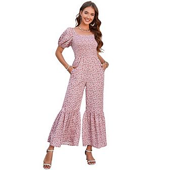 Women's Summer Smocked Jumpsuits Casual Square Neck High Waist Wide Leg Rompers with Pockets