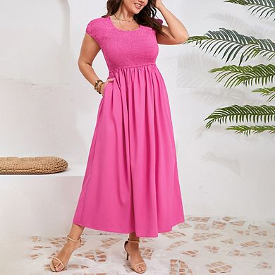 Women's Plus Size Summer Casual Round Neck Short Sleeve Smocked High Waist Maxi Dress with Pockets