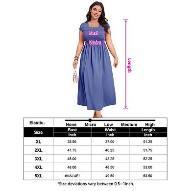 Women's Plus Size Summer Casual Round Neck Short Sleeve Smocked High Waist Maxi Dress with Pockets