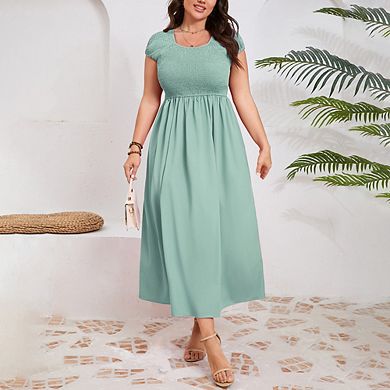 Women's Plus Size Summer Casual Round Neck Short Sleeve Smocked High Waist Maxi Dress with Pockets