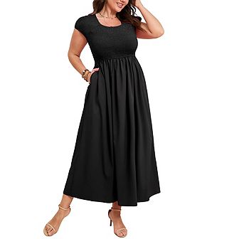 Women's Plus Size Summer Casual Round Neck Short Sleeve Smocked High Waist Maxi Dress with Pockets
