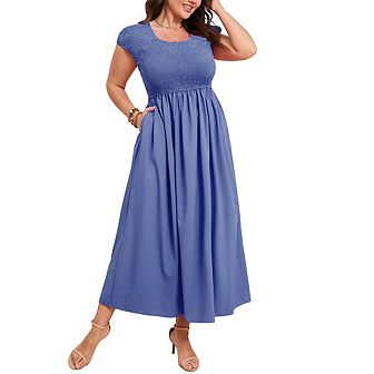 Women's Plus Size Summer Casual Round Neck Short Sleeve Smocked High Waist Maxi Dress with Pockets