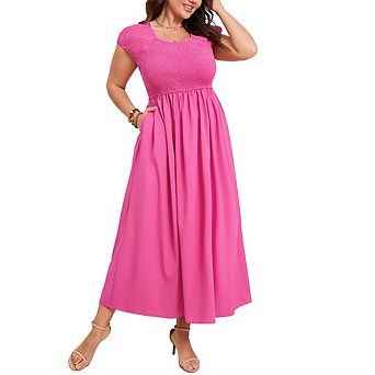 Women's Plus Size Summer Casual Round Neck Short Sleeve Smocked High Waist Maxi Dress with Pockets