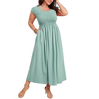 Women's Plus Size Summer Casual Round Neck Short Sleeve Smocked High Waist Maxi Dress with Pockets
