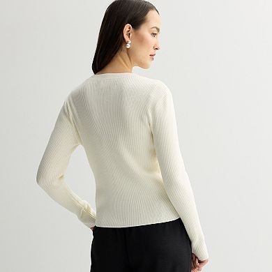 Petite Nine West Rib Crew Neck Sculpt Cardigan