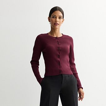 Petite Nine West Rib Crew Neck Sculpt Cardigan