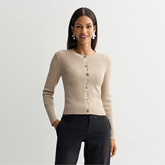 Petite Nine West Rib Crew Neck Sculpt Cardigan