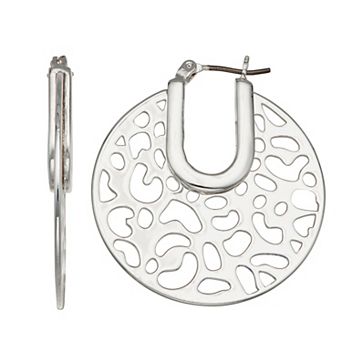 Nine West Silver Tone Cutout Hoop Click It Earrings