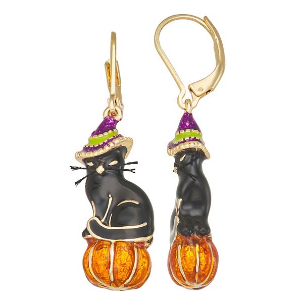 Napier Gold Tone Cat Pumpkin Drop Earrings - Multi
