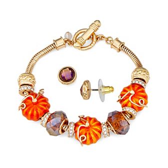 Napier Gold Tone Elevated Pumpkin Bracelet & Stud Earring Set