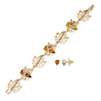 Napier Gold Tone Elevated Leaves Bracelet & Stud Earrings Set
