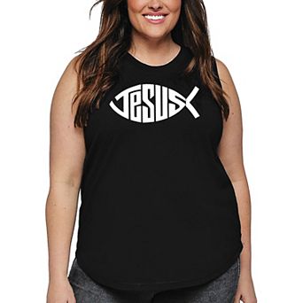Women's Plus Size Word Art Tank Top - Christian Jesus Name Fish Symbol