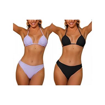 2 Sets Women's Halter Bikini Sets, Solid Ruched Self-Tie Back Swimwear with Bottoms Bathing Suit