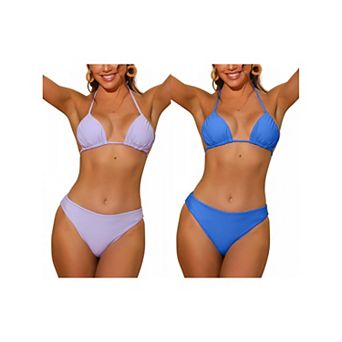 2 Sets Women's Halter Bikini Sets, Solid Ruched Self-Tie Back Swimwear with Bottoms Bathing Suit