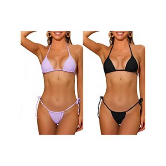 2 Sets Women's Halter Tie Side Bikini Sets, Drawstring Thong Triangle Bottoms Basic Swimsuits