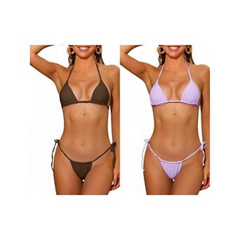 2 Sets Women's Halter Tie Side Bikini Sets, Drawstring Thong Triangle Bottoms Basic Swimsuits