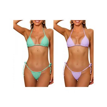 2 Sets Women's Halter Tie Side Bikini Sets, Drawstring Thong Triangle Bottoms Basic Swimsuits