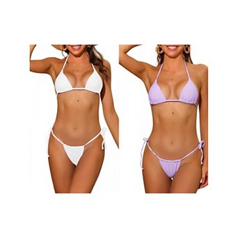 2 Sets Women's Halter Tie Side Bikini Sets, Drawstring Thong Triangle Bottoms Basic Swimsuits