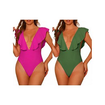 Women's One Piece Swimsuits V Neck Ruffled Swimwear Monokini Tummy Control Bathing Suit 2 pc