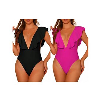 Women's One Piece Swimsuits V Neck Ruffled Swimwear Monokini Tummy Control Bathing Suit 2 pc