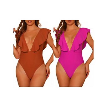 Women's One Piece Swimsuits V Neck Ruffled Swimwear Monokini Tummy Control Bathing Suit 2 pc