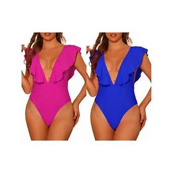 Women's One Piece Swimsuits V Neck Ruffled Swimwear Monokini Tummy Control Bathing Suit 2 pc