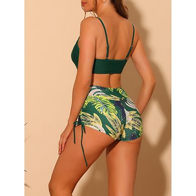 2 Sets Women's Drawstring Push Up Bikini Sets Top, Tropical Print High Waist Shorts Bathing Suits