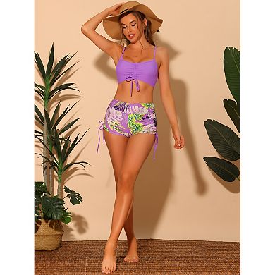 2 Sets Women's Drawstring Push Up Bikini Sets Top, Tropical Print High Waist Shorts Bathing Suits
