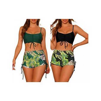 2 Sets Women's Drawstring Push Up Bikini Sets Top, Tropical Print High Waist Shorts Bathing Suits