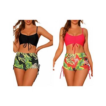 2 Sets Women's Drawstring Push Up Bikini Sets Top, Tropical Print High Waist Shorts Bathing Suits