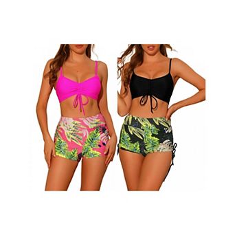 2 Sets Women's Drawstring Push Up Bikini Sets Top, Tropical Print High Waist Shorts Bathing Suits