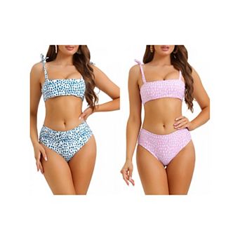 2 Sets Women's Halter Leopard Print Bandeau Bikini Sets, High Waist Swimwear Bathing Suits