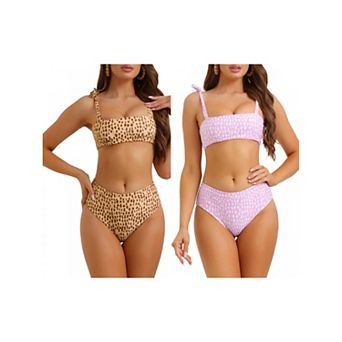 2 Sets Women's Halter Leopard Print Bandeau Bikini Sets, High Waist Swimwear Bathing Suits