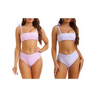 2 Sets Women's Halter Leopard Print Bandeau Bikini Sets, High Waist Swimwear Bathing Suits