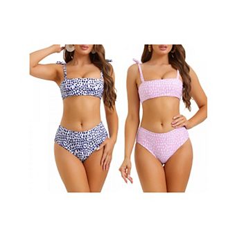 2 Sets Women's Halter Leopard Print Bandeau Bikini Sets, High Waist Swimwear Bathing Suits