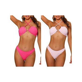 2 Sets Women's Halter Bandeau Bikini Sets, Ribbed Strapless Lace Up Swimsuit Bathing Suit Swimwear