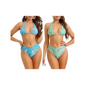 2 Sets Women's Halter Lace Up Bikini Sets, Swimsuit High Cut Triangle Thong Bottom