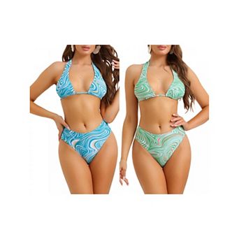2 Sets Women's Halter Lace Up Bikini Sets, Swimsuit High Cut Triangle Thong Bottom