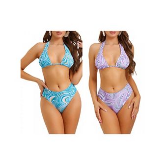 2 Sets Women's Halter Lace Up Bikini Sets, Swimsuit High Cut Triangle Thong Bottom