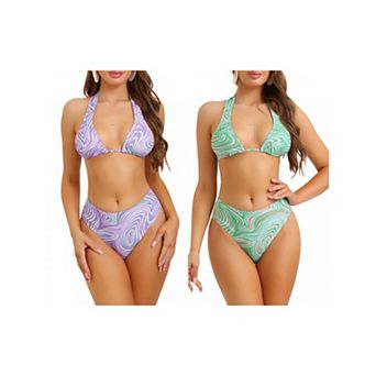 2 Sets Women's Halter Lace Up Bikini Sets, Swimsuit High Cut Triangle Thong Bottom