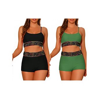 2 Sets Women's Contrast Color Bikini, High Waisted Scoop Neck Swimsuit Bathing Suit