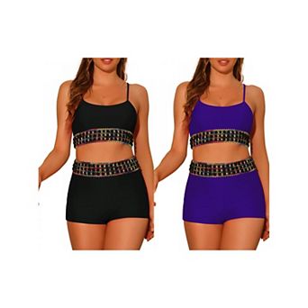 2 Sets Women's Contrast Color Bikini, High Waisted Scoop Neck Swimsuit Bathing Suit