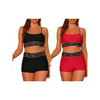 2 Sets Women's Contrast Color Bikini, High Waisted Scoop Neck Swimsuit Bathing Suit
